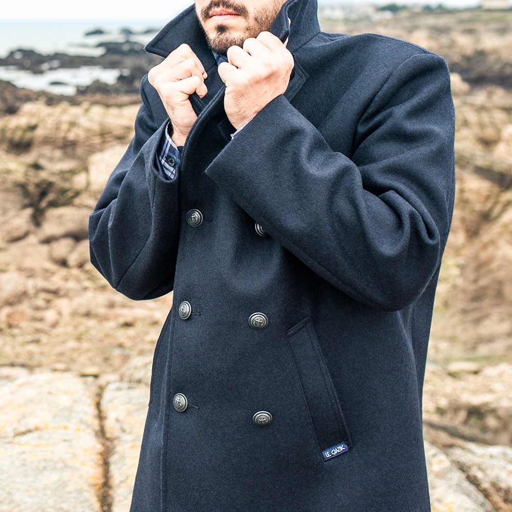 manteau long homme bleu marine